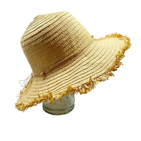 Tan Raw Edge Wide Brim Sun Hat OS - Picture 3 of 15